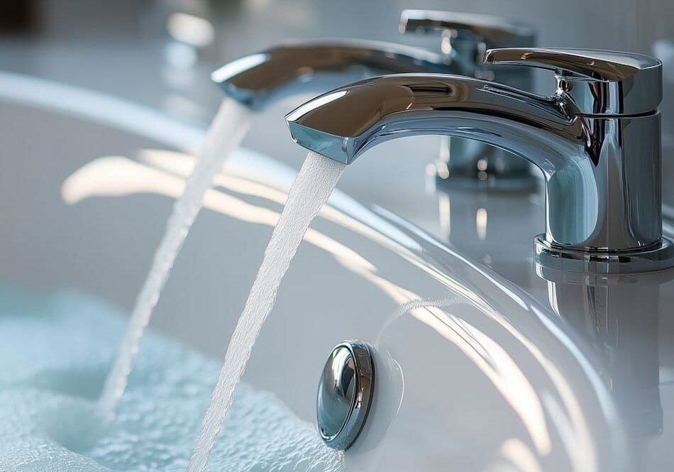 Close up of bathtub faucet with running water.